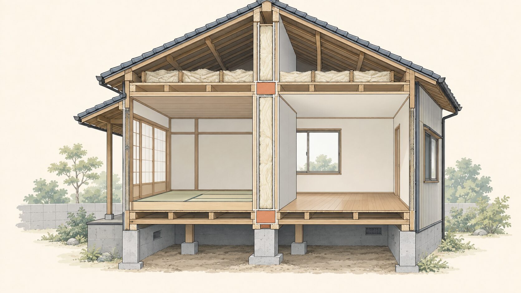 古い木造住宅の床下、壁、小屋裏を見せた断面と、壁の上下の取合い部にある気流止めのイメージ
