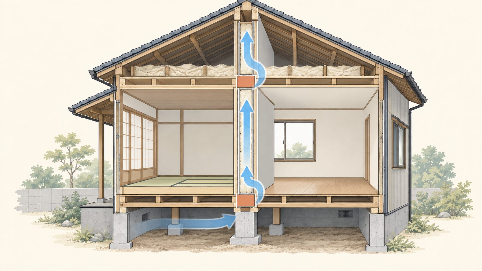 古い木造住宅の断面で、床下から壁内を通り小屋裏へ向かう青い空気の経路と気流止めの位置を示すイメージ