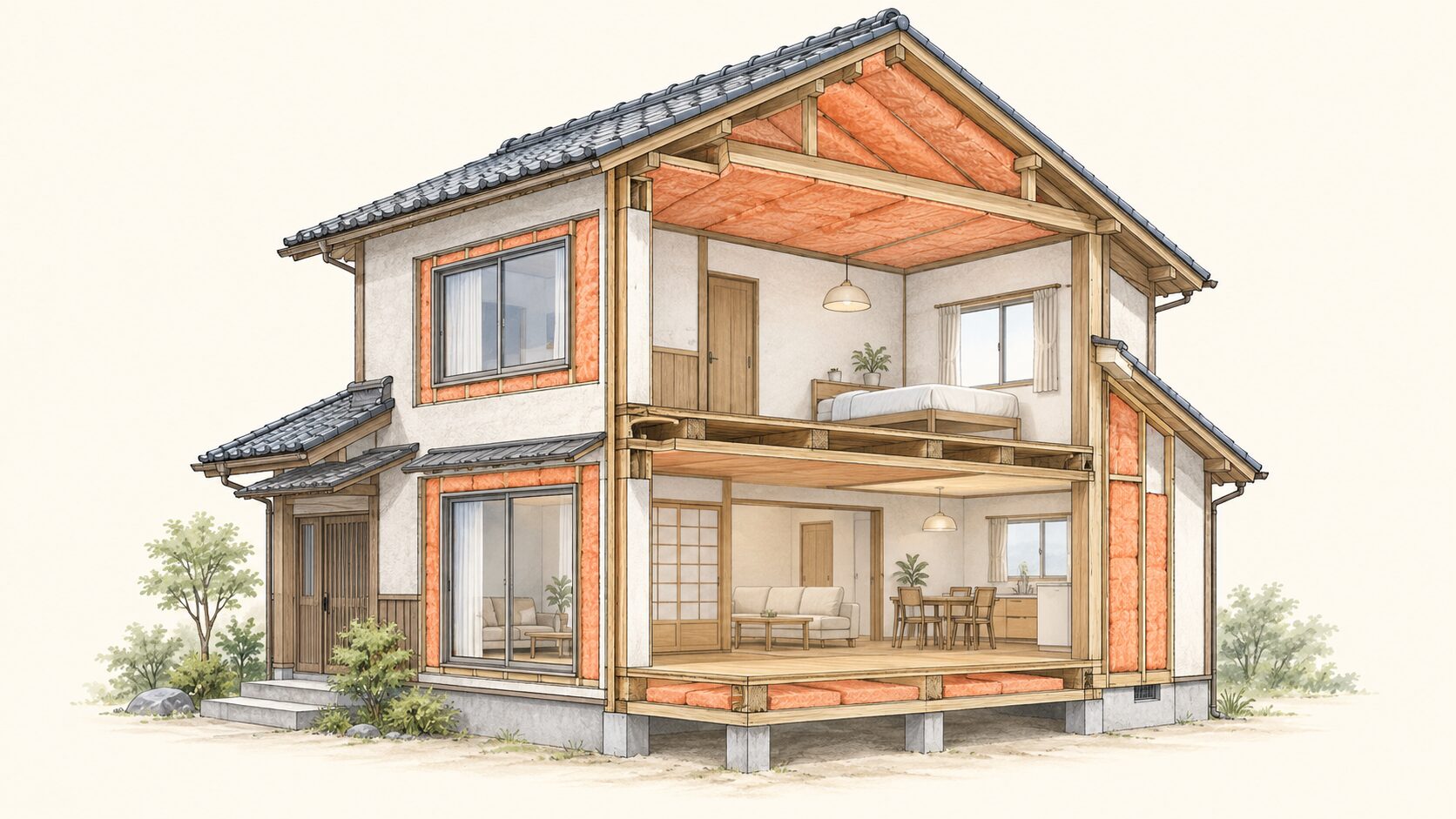 古い木造住宅の断面で、窓、床、壁、天井、屋根の断熱改修を考える部位を示すイメージ