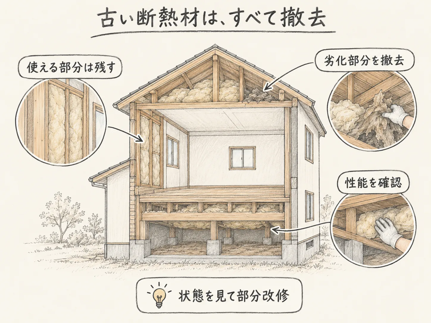 再利用の古い断熱材は、すべて撤去しなくてもよいを表す図解イラスト