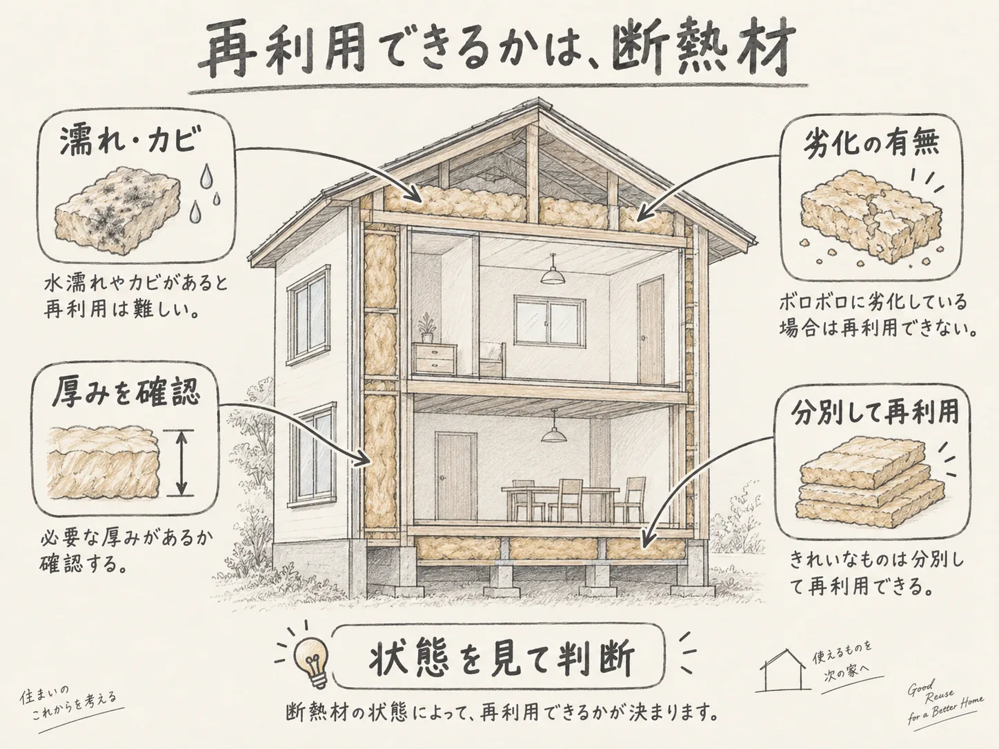 古い断熱材の再利用できるかは、断熱材の状態で決まるを表す図解イラスト