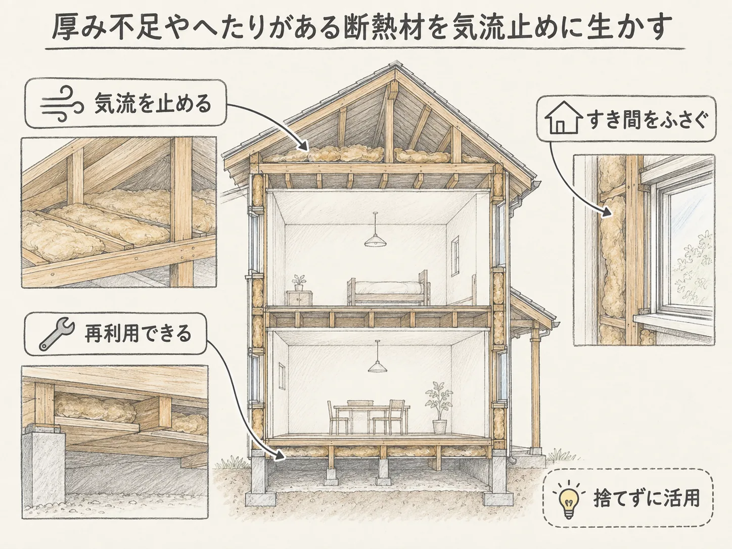 古い断熱材 再利用の厚み不足やへたりがある断熱材を気流止めに生かすを表す図解イラスト