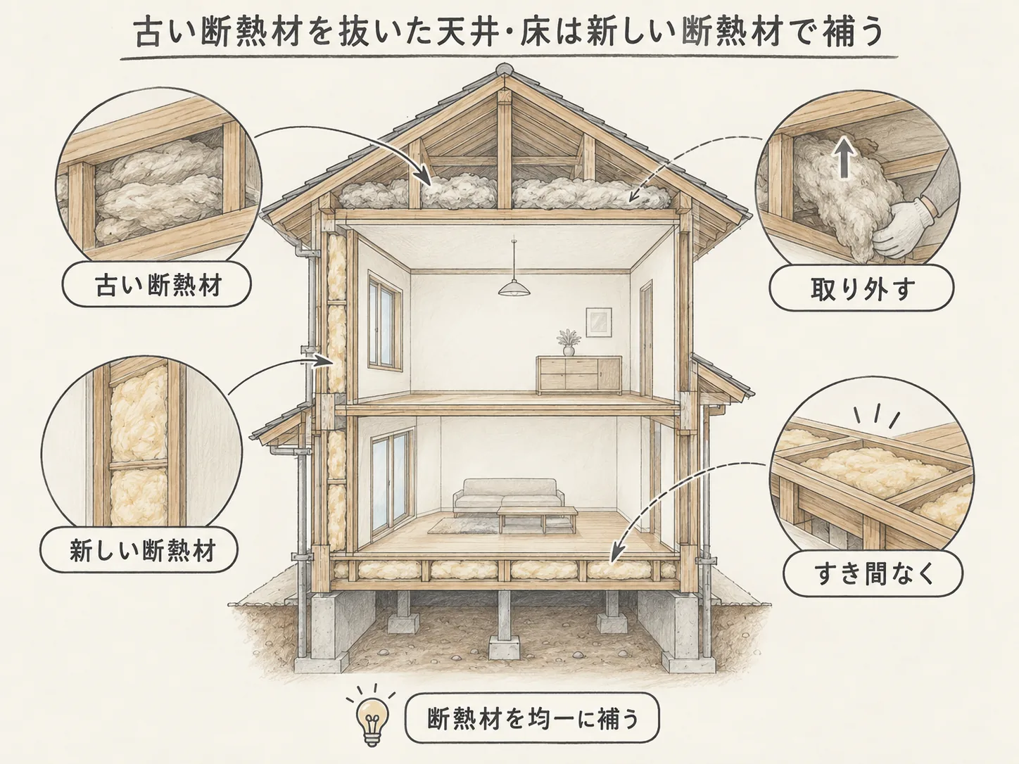 再利用の古い断熱材を抜いた天井・床は新しい断熱材で補うを表す図解イラスト