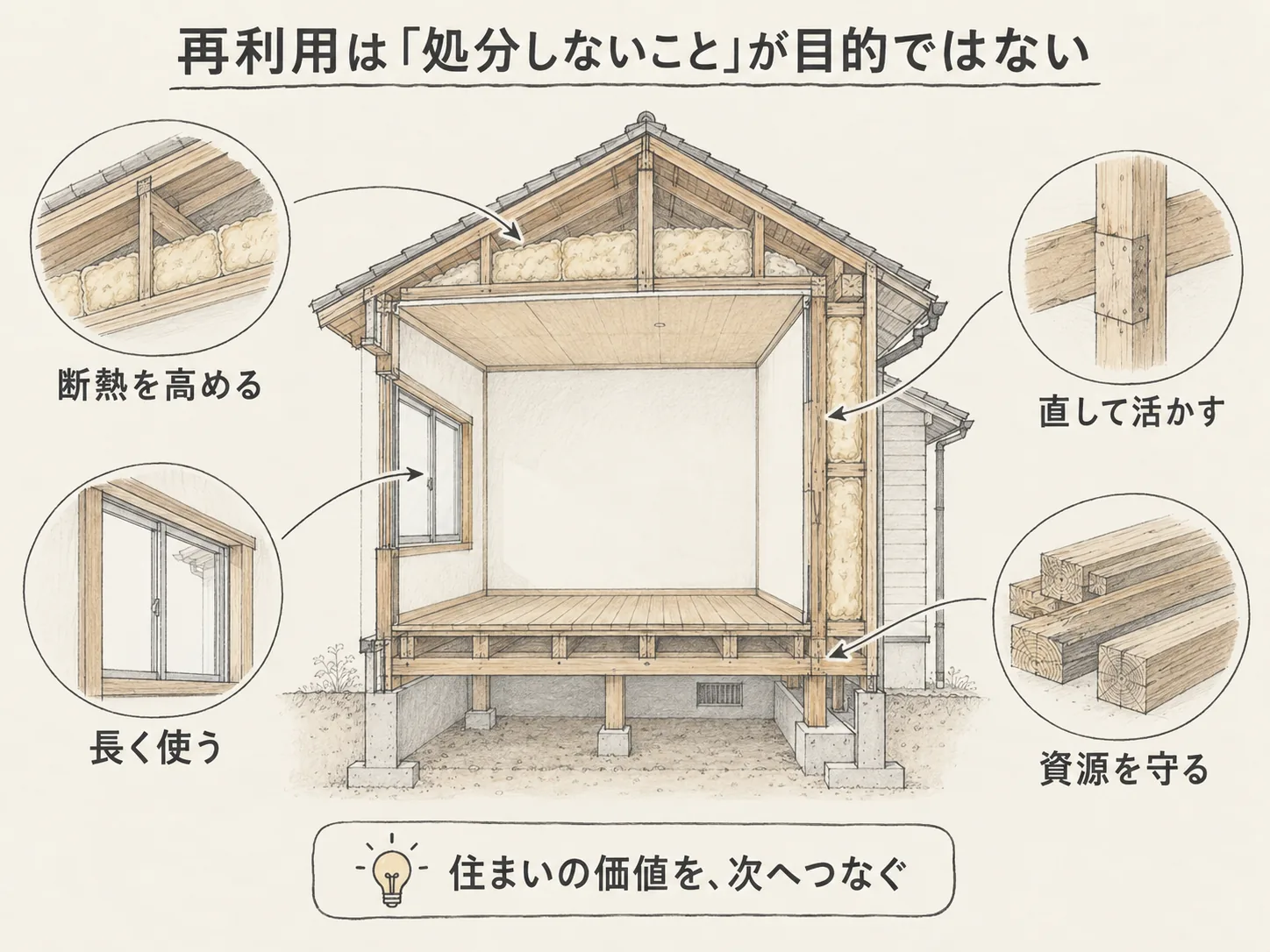 古い断熱材の再利用は「処分しないこと」が目的ではないを表す図解イラスト