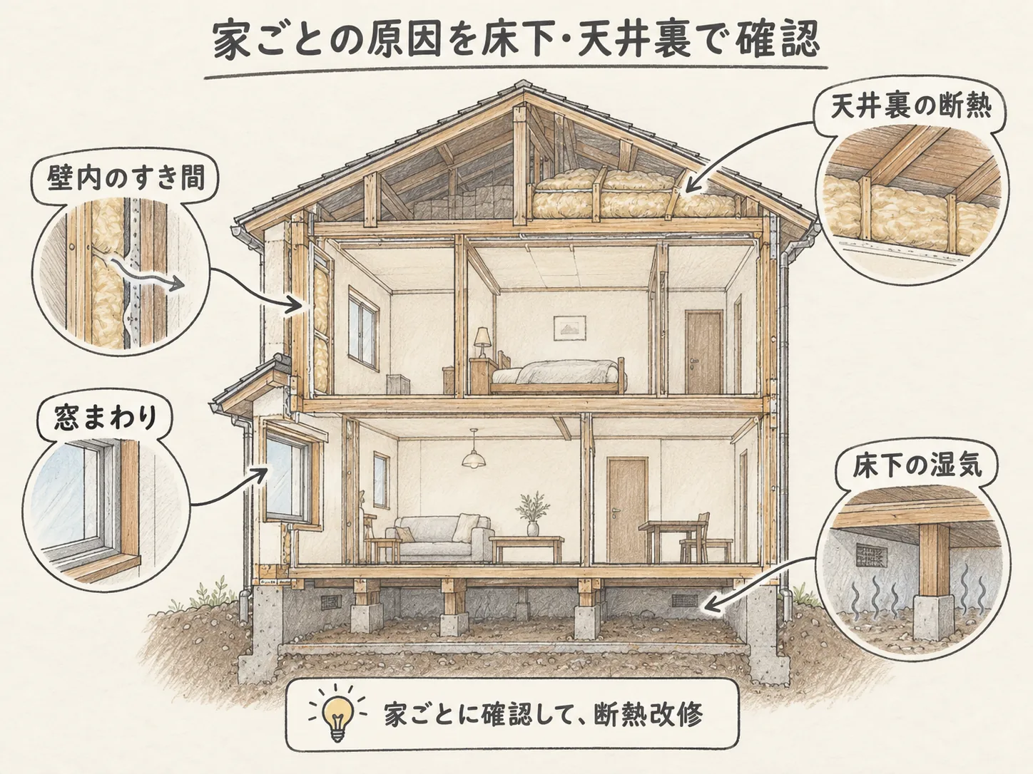 古い断熱材 再利用の家ごとの原因を床下・天井裏で確かめるを表す図解イラスト