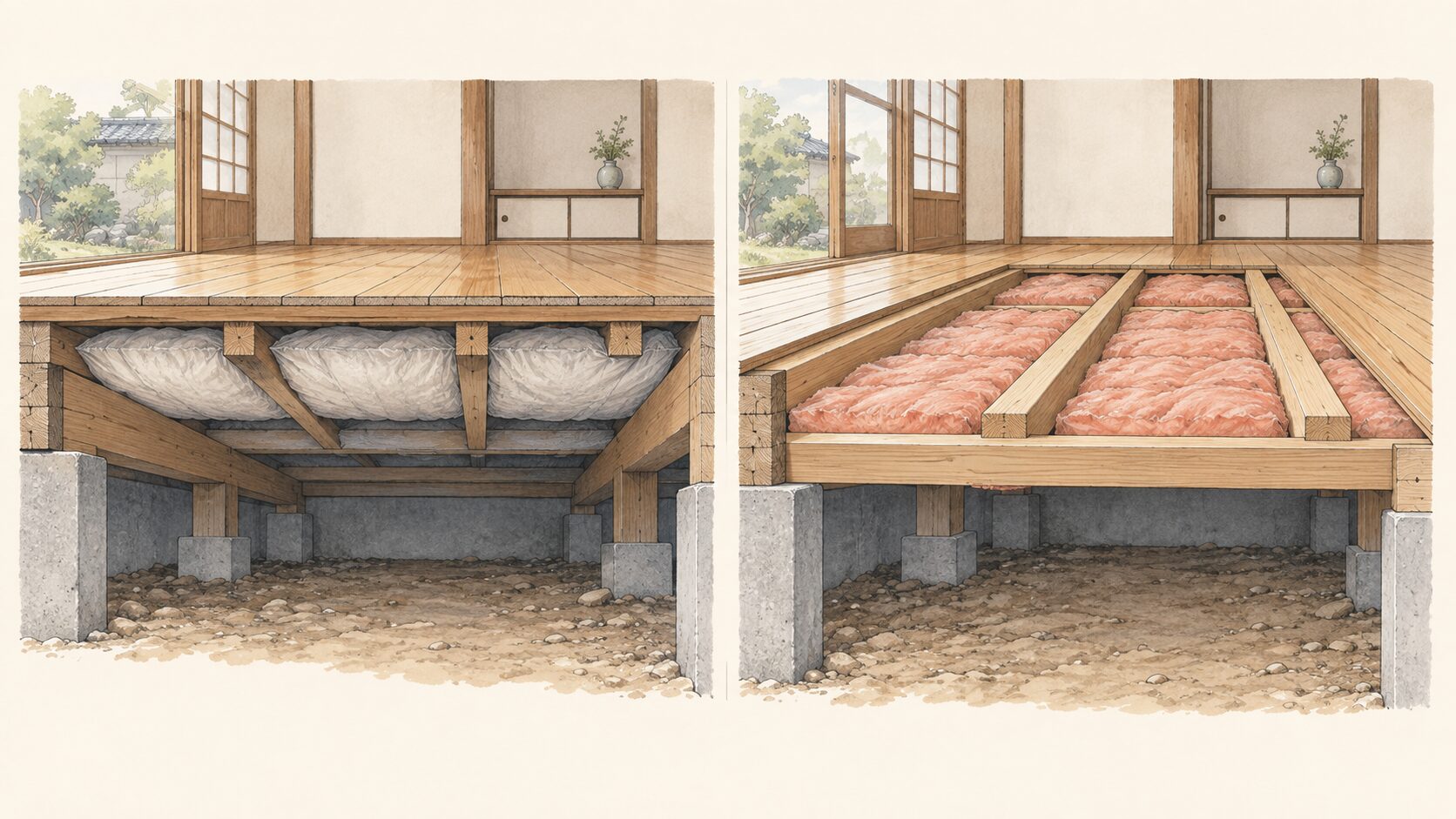 床下側から床の裏へ断熱材を施工する方法と、床を開けて断熱材を施工する方法を並べた断面イメージ