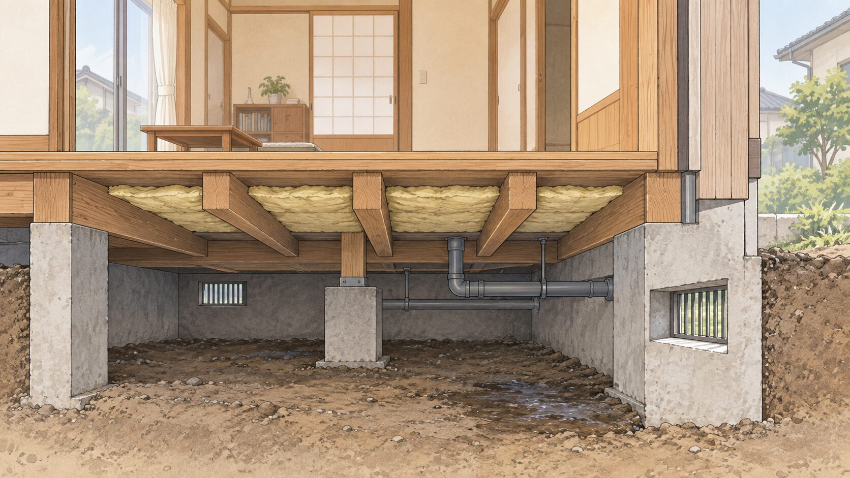 古い木造住宅の床下断面で、床の裏側の断熱材、換気口、配管、地面の状態を示すイメージ