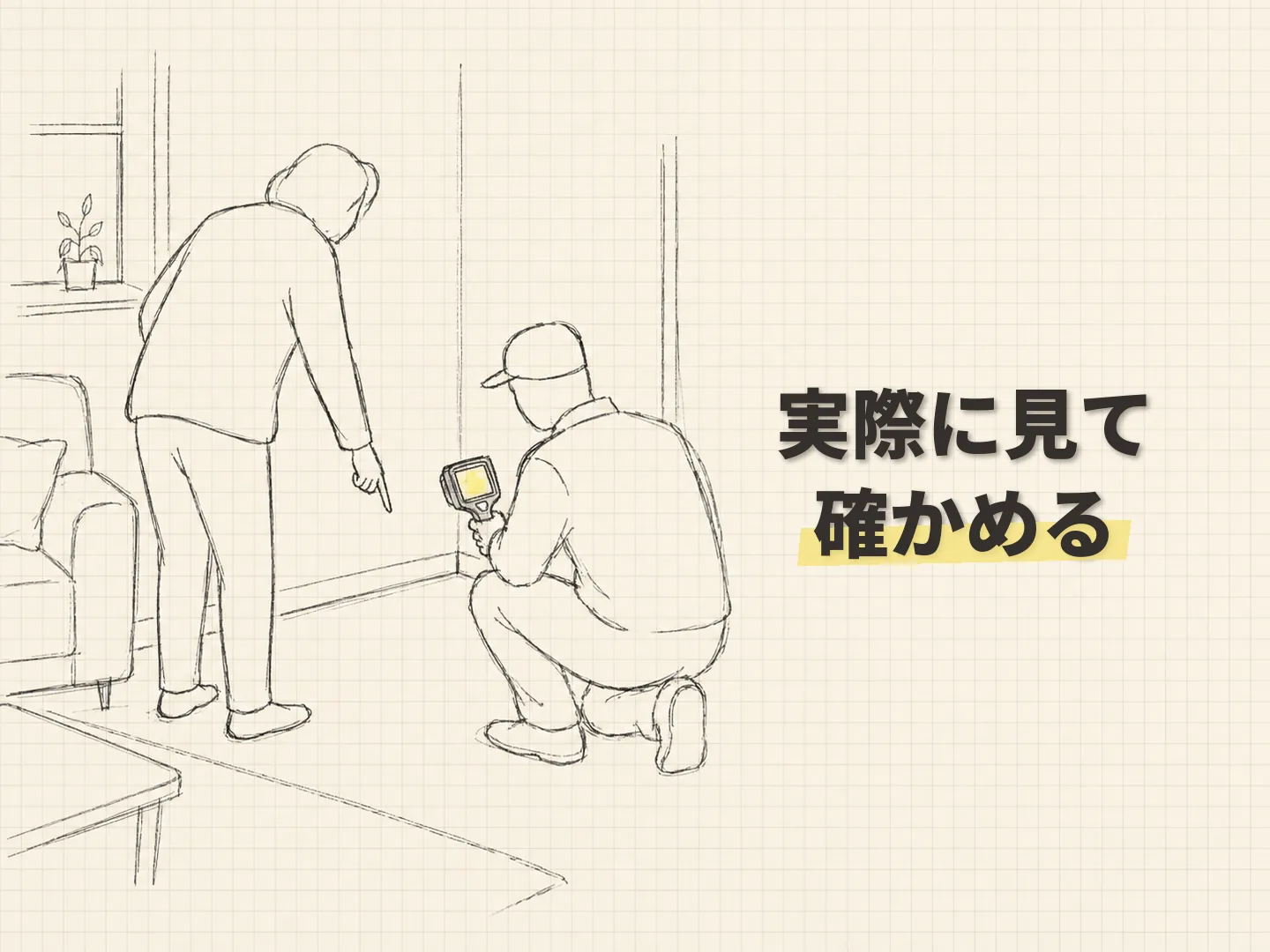 家ごとに違う寒さの原因を実際に確かめる様子を表す図解イラスト